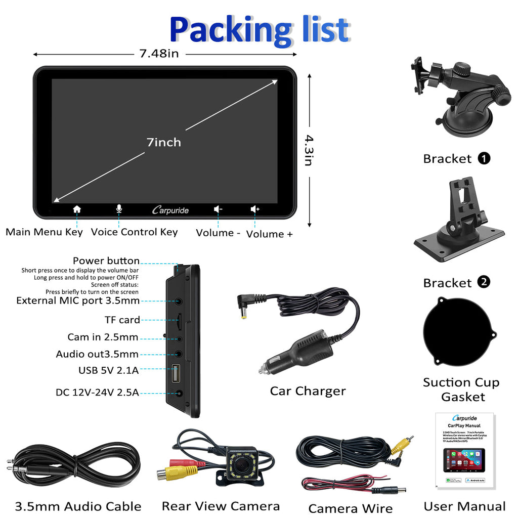 CARPURIDE W708 Wireless Portable Car Stereo with Backup Camera