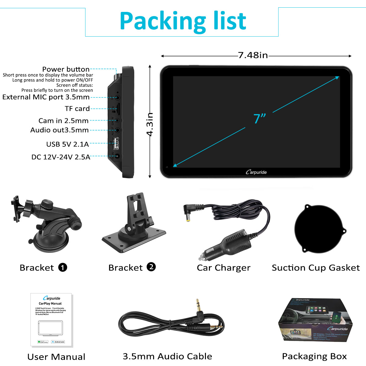 packing list: 7 inch car screen, car charger, mount brackets, user manual, etc.