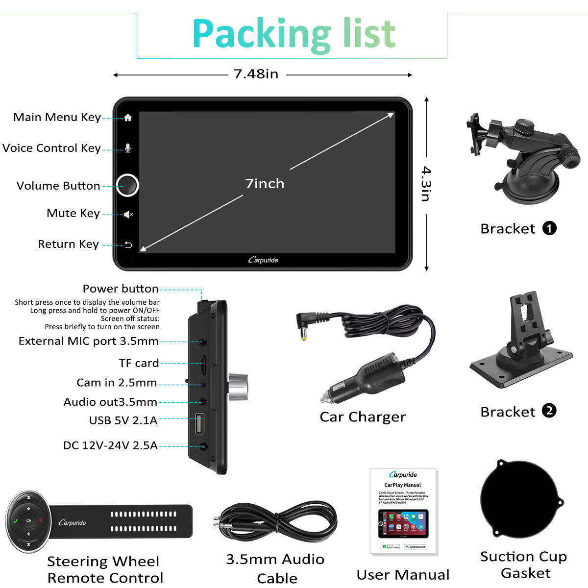 CARPURIDE W706 Wireless Portable Car Stereo with Steering Wheel Control