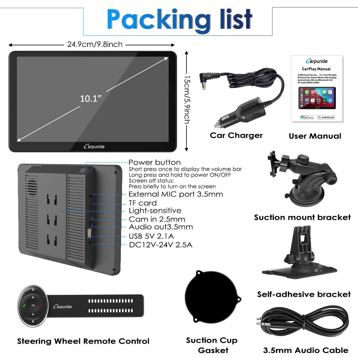CARPURIDE W101 Portable Smart Multimedia Dashboard Console with Steering Wheel Control Suitable for Larger Vehicles