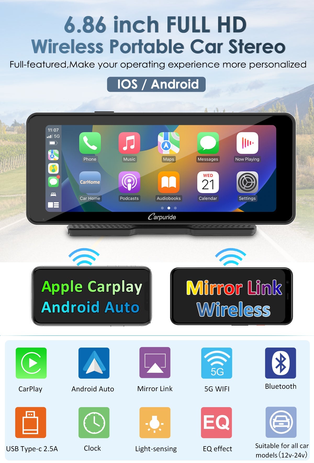 full-featured 6.86 inch HD wireless portable car stereo supports both IOS and android system

