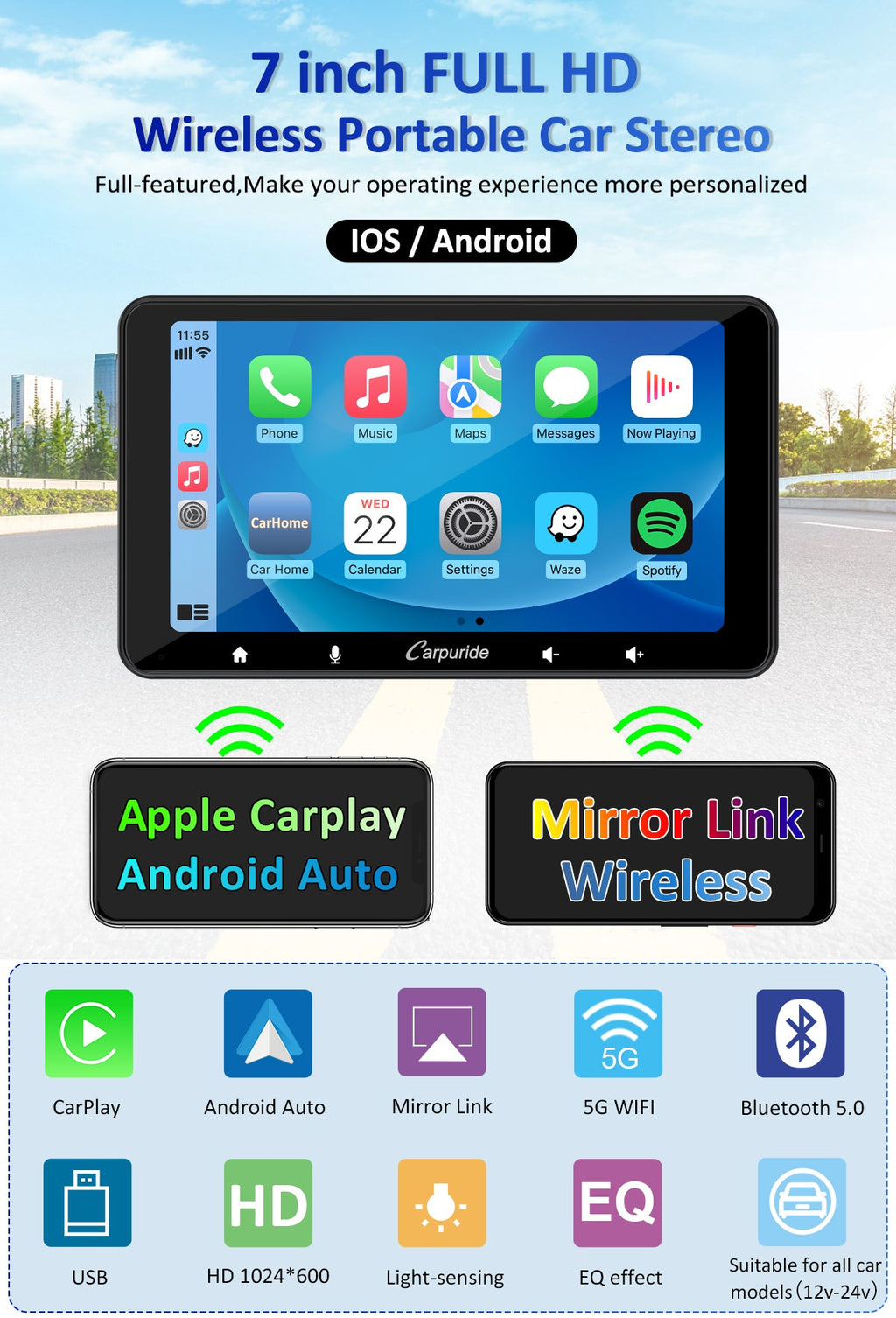CARPURIDE W708 Wireless Portable Car Stereo with Backup Camera