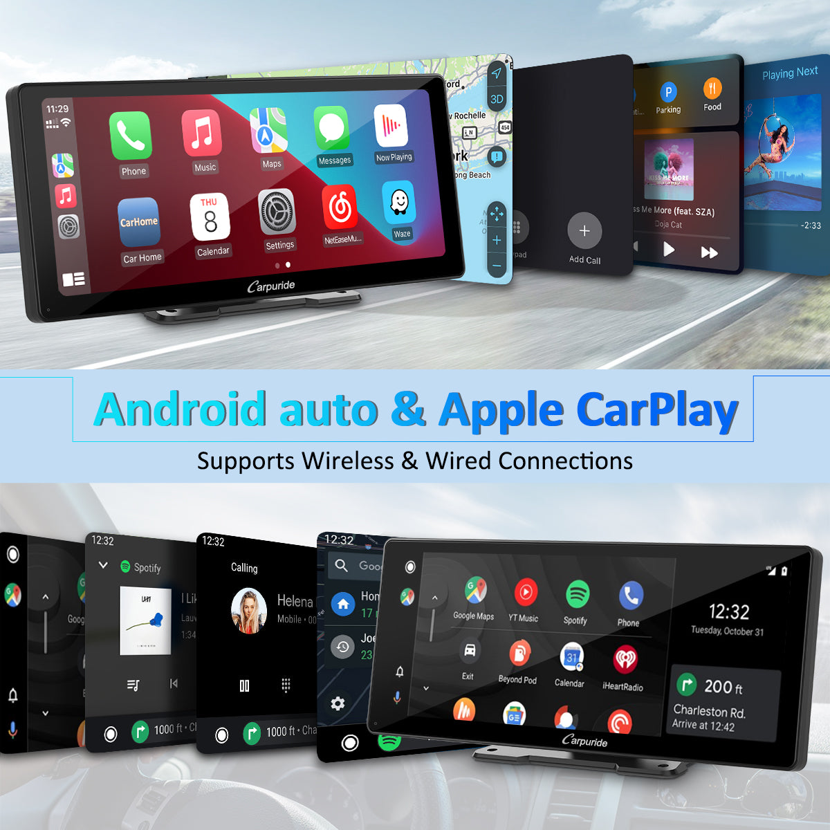 wireless & wired connections of infotainment system for car with android aoto & apple carplay