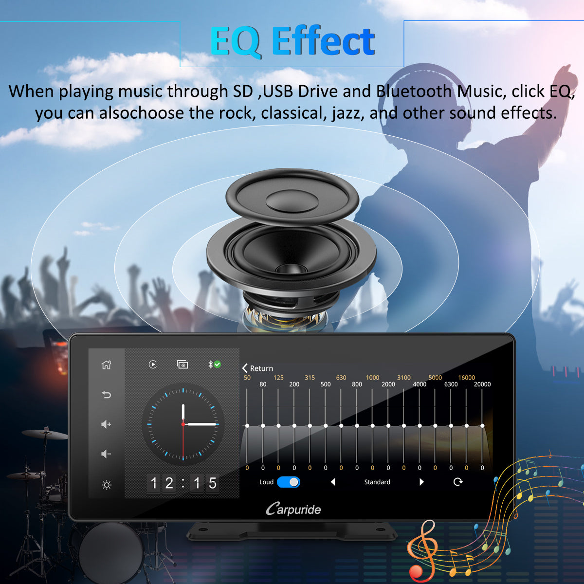 apple carplay screen with EQ effect adjust, rock, classical, jazz and other sound effects