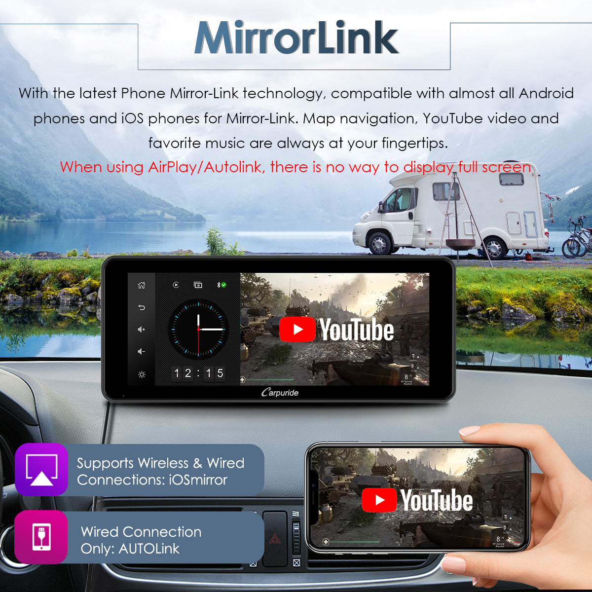car radio with mirror-link tech, wired connection for autolink, wired & wireless for iosmirror