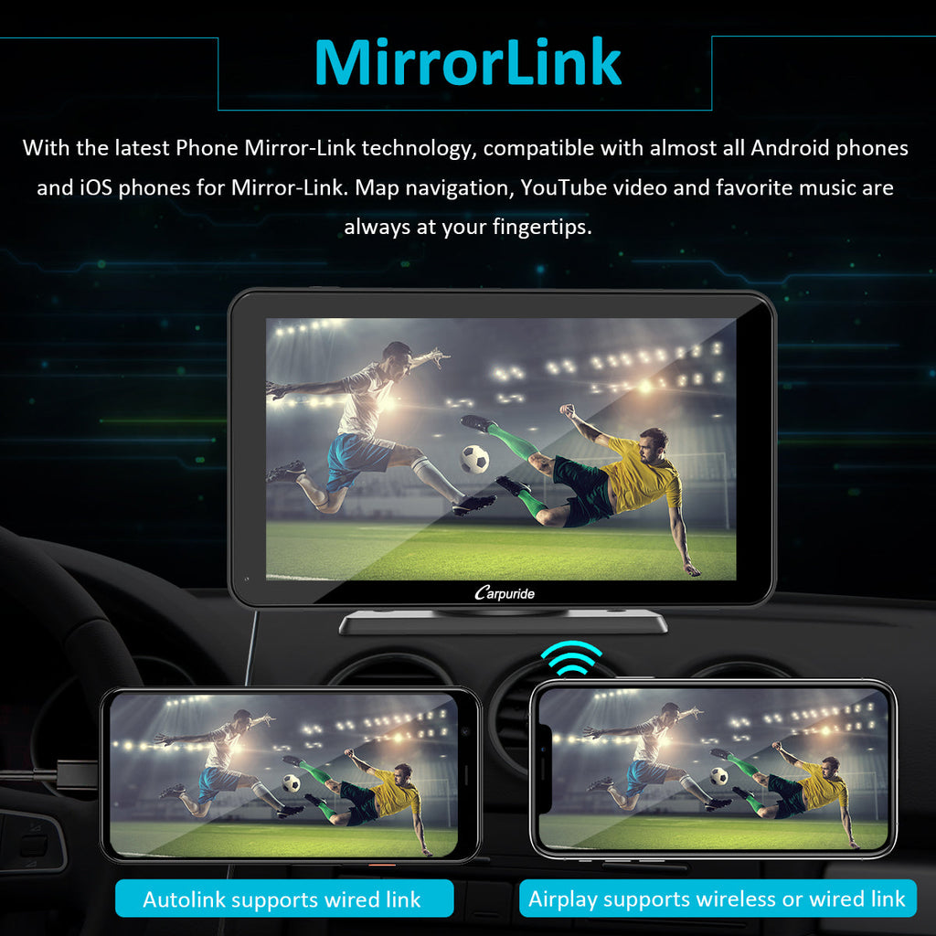car dual radio with mirror-link tech, wired connection for autolink, wired & wireless for airplay
