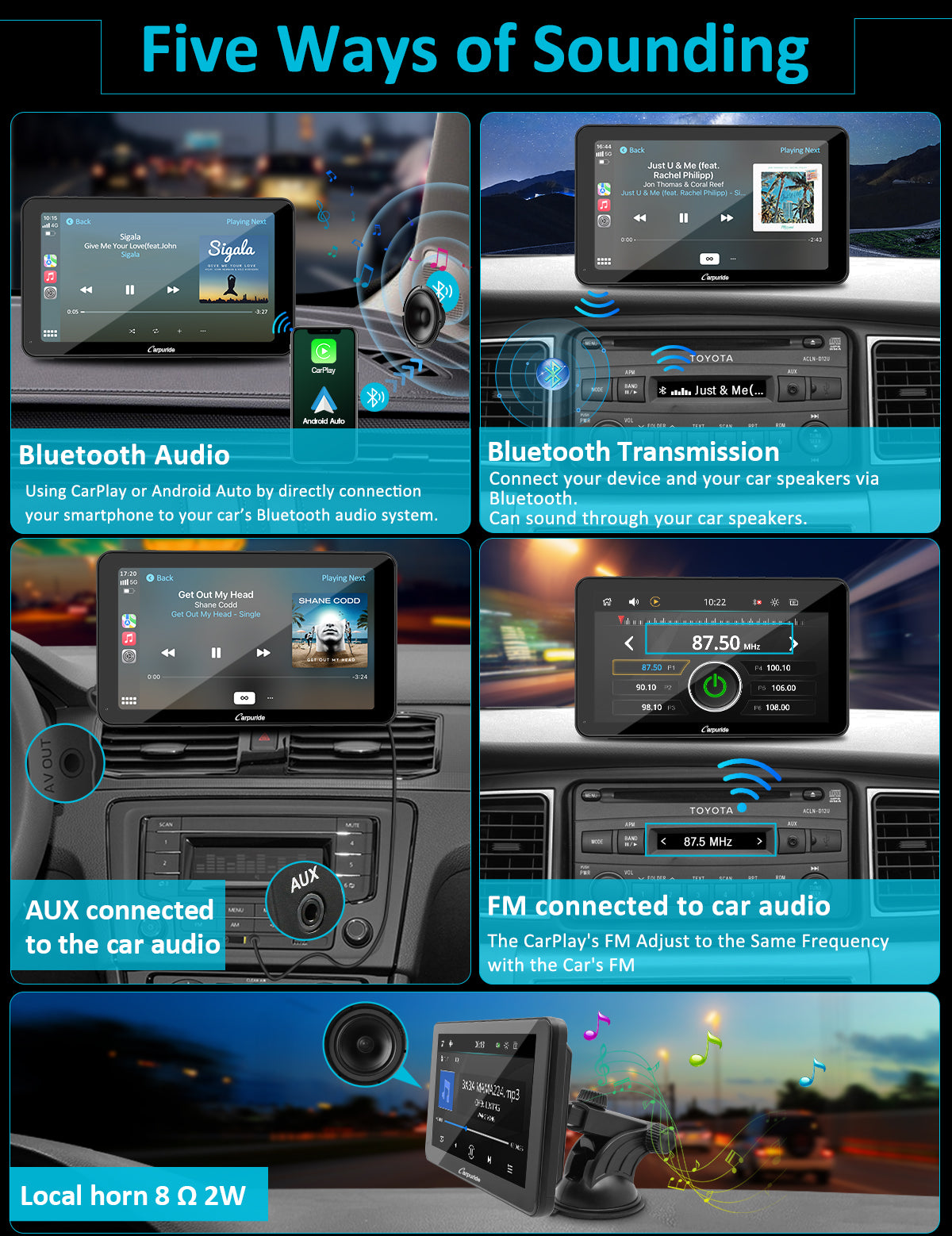 5 ways of sounding: bt audio, bluetooth transmission, local horn, aux connection, FM transmission