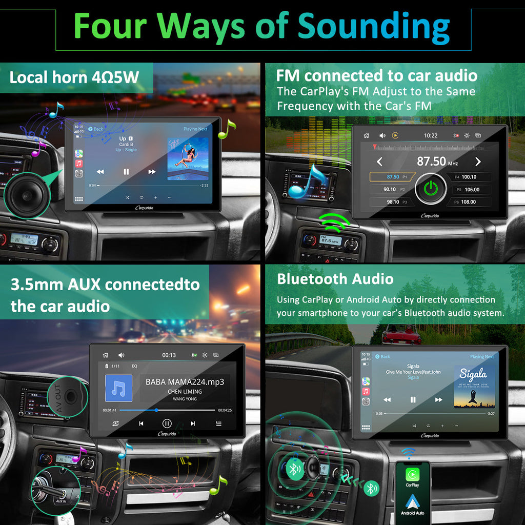 4ways of sounding: bt audio, local horn, aux connection, FM transmission