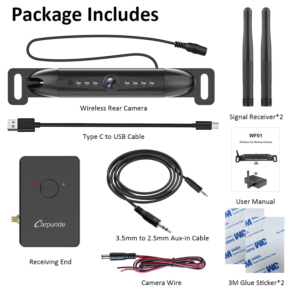 packing list: wireless rear camera, receiving end, 2 signal receiver, cables, etc.
